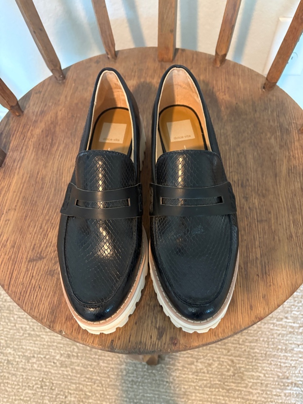 Dolce Vita Black Textured Loafers with Cream Platform Sole